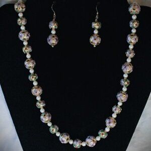 Vintage Mid-Century Chinese Cloisonne Hand Painted Bead Necklace & Earrings Set